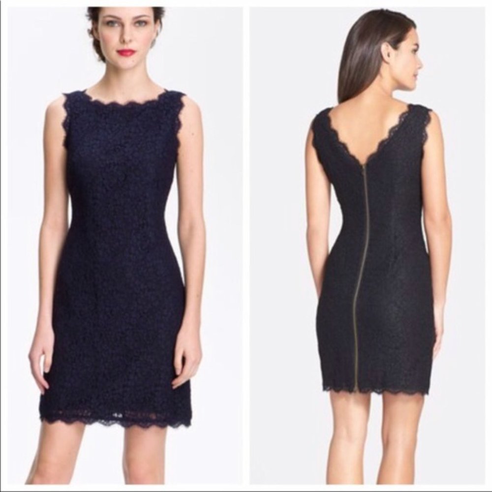 NWT Adrianna Papell Navy Sleeveless Scalloped Lace Sheath Dress Size 4 - Picture 1 of 12